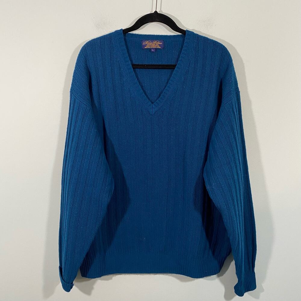 Vtg Brooks Brother Men Blue V-neck Striped Knit Pullover Lambswool Sweater Sz L